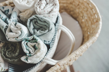 Basket with baby muslin diapers for a newborn.