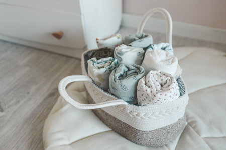 Basket with baby muslin diapers for a newborn.