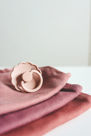 Stack of pink baby clothes and baby pacifier on white background.