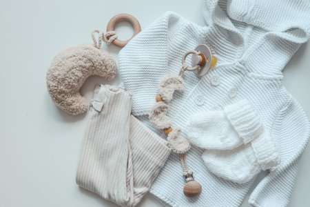 A set of baby clothes for a newborn in pastel colors, top view.