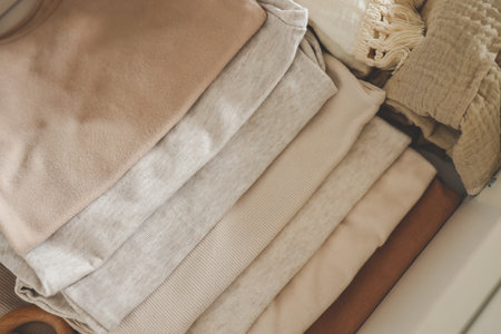 Stack of children's neutral clothes, fabric close-up.