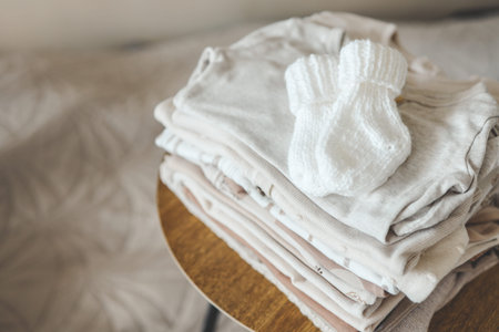 A stack of baby clothes and knitted socks for a baby.