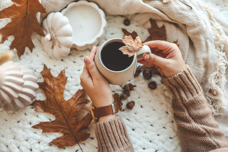 Hands with a cup of tea, good morning concept. Autumn mood.