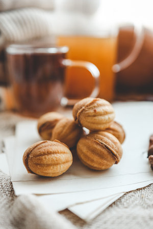 Cookies nuts with condensed milk and tea, good morning concept.の写真素材
