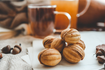 Cookies nuts with condensed milk and tea, good morning concept.