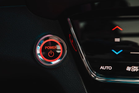 Power button close-up, background.