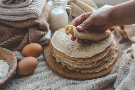 Stack of homemade pancakes, good morning concept.