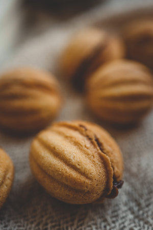 Cookies nuts with condensed milk close-up.