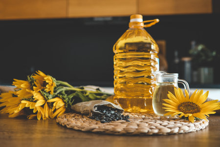 Sunflower oil in the kitchen, advertising.の写真素材