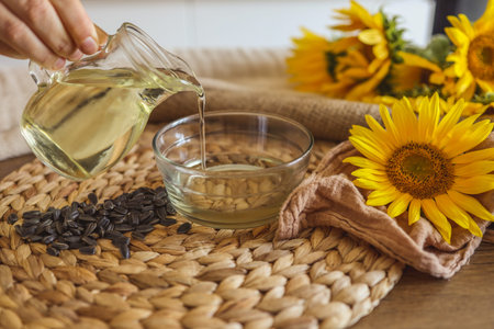 Girl pours sunflower oil, oil advertisement.
