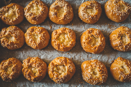 Homemade freshly baked buns background top view.の写真素材