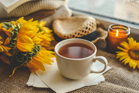 Cup of tea in the morning autumn atmosphere.の写真素材