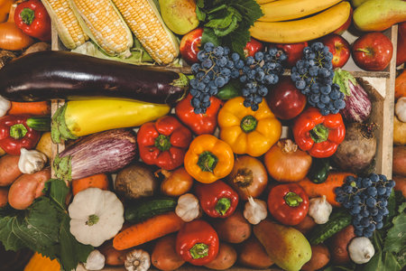 Assortment of fresh fruits and vegetables.
