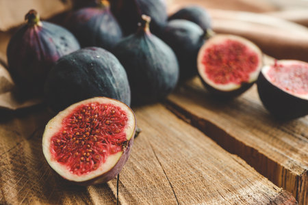 A few figs in a bowl on an old wooden background.