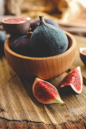 A few figs in a bowl on an old wooden background.