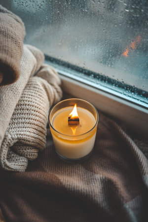 Burning candle in home interior, autumn aesthetics.