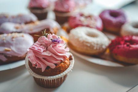 Vanilla cupcakes with cream cheese frosting and pink sprinkles on pink background. Saint Valentine's...