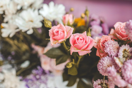 bouquet of garden flowers, top view. floral greeting card with dahlias and lavatera, natural background.の写真素材