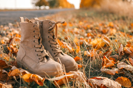 Autumn boots in the forest, style and fashion concept.