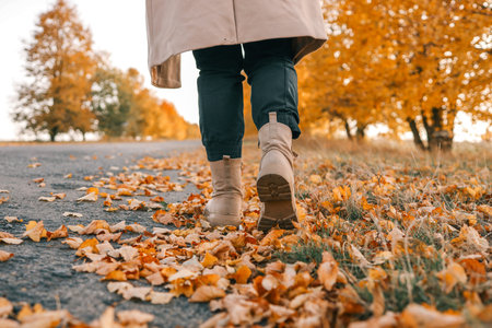 A person walks along an autumn road, boots close-up.