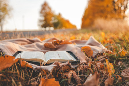 Open Bible on a blanket, autumn.