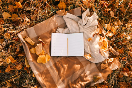 Paper planner on blanket outdoors, autumn concept.