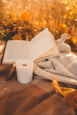 Candle and open book in nature, autumn concept.の写真素材