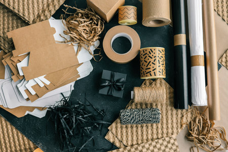Craft set for packaging gifts and goods, top view.の写真素材