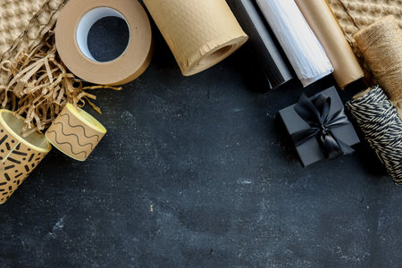 Craft set for packaging gifts and goods, top view.の写真素材