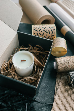 Packaged candle, product for sending online order.の写真素材