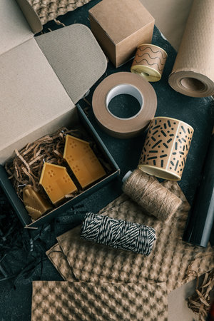 Craft set for packaging gifts and goods, top view.の写真素材
