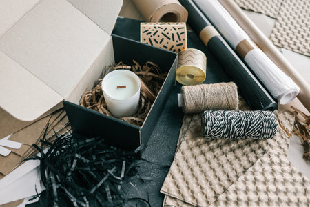 Packaged candle, product for sending online order.の写真素材