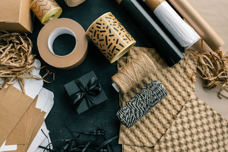 Craft set for packaging gifts and goods, top view.の写真素材