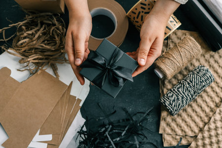 Gift box with a bow in hands on a background of materials for packaging goods and gifts.