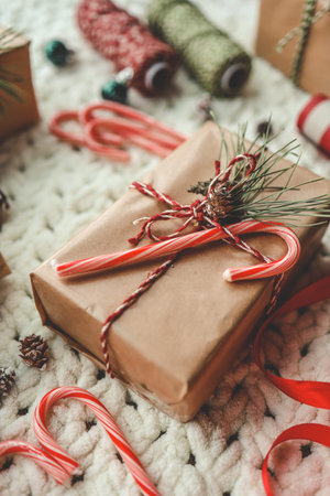 Christmas gifts and wrapping paper top view.の写真素材