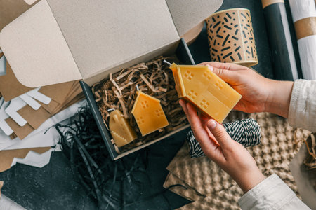 Handmade candle in hands, concept of packaging and delivery of goods.