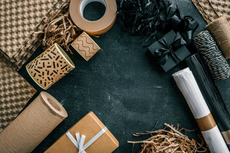 Craft set for packaging gifts and goods, top view.の写真素材