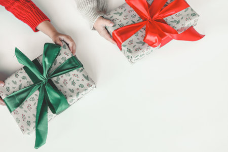 Kraft bag with Christmas shopping, top view.