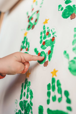 Baby Christmas activity idea, handprint on paper.の写真素材