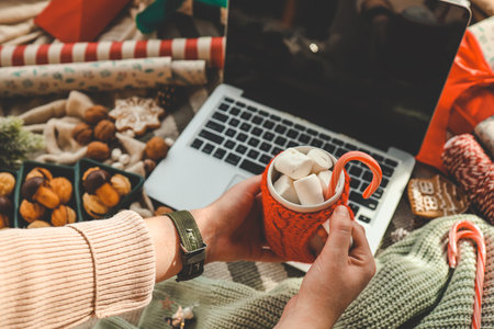 Laptop with isolated screen in New Year's atmosphere..の写真素材