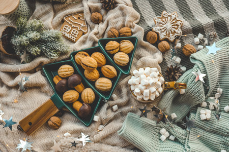 Christmas mood, a cup of cocoa with marshmallows and nuts with condensed milk.