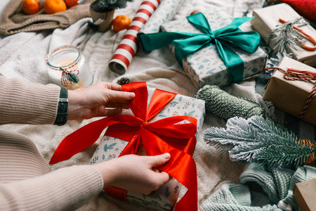 Girl packing gifts near the Christmas tree.