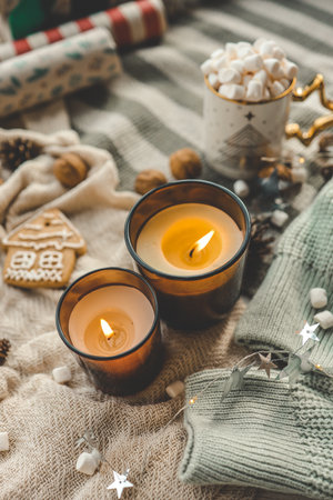 Burning candles in the New Year's atmosphere.の写真素材