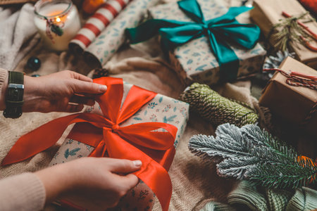 Girl packing gifts near the Christmas tree.