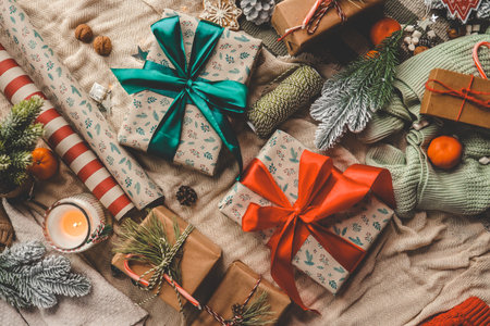 Christmas gifts top view in a festive atmosphere.