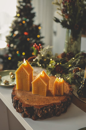 Burning candles in a Christmas atmosphere.の写真素材