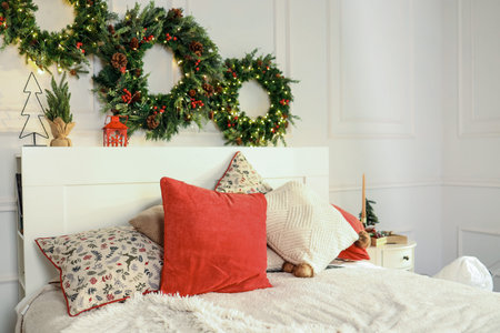 Bedroom interior close-up in a Christmas atmosphere.