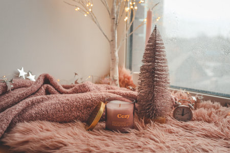 Winter mood. Cozy decor. Festive garland decoration.の写真素材