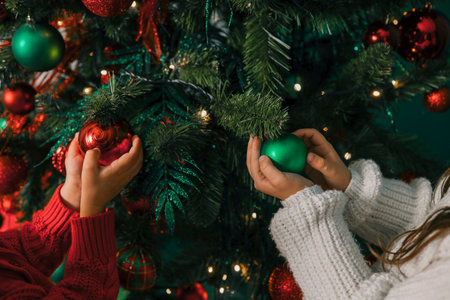 Children decorate Christmas tree, background.の写真素材