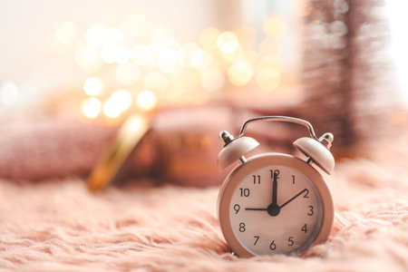 Clock in a festive New Year's atmosphere, pink mood.